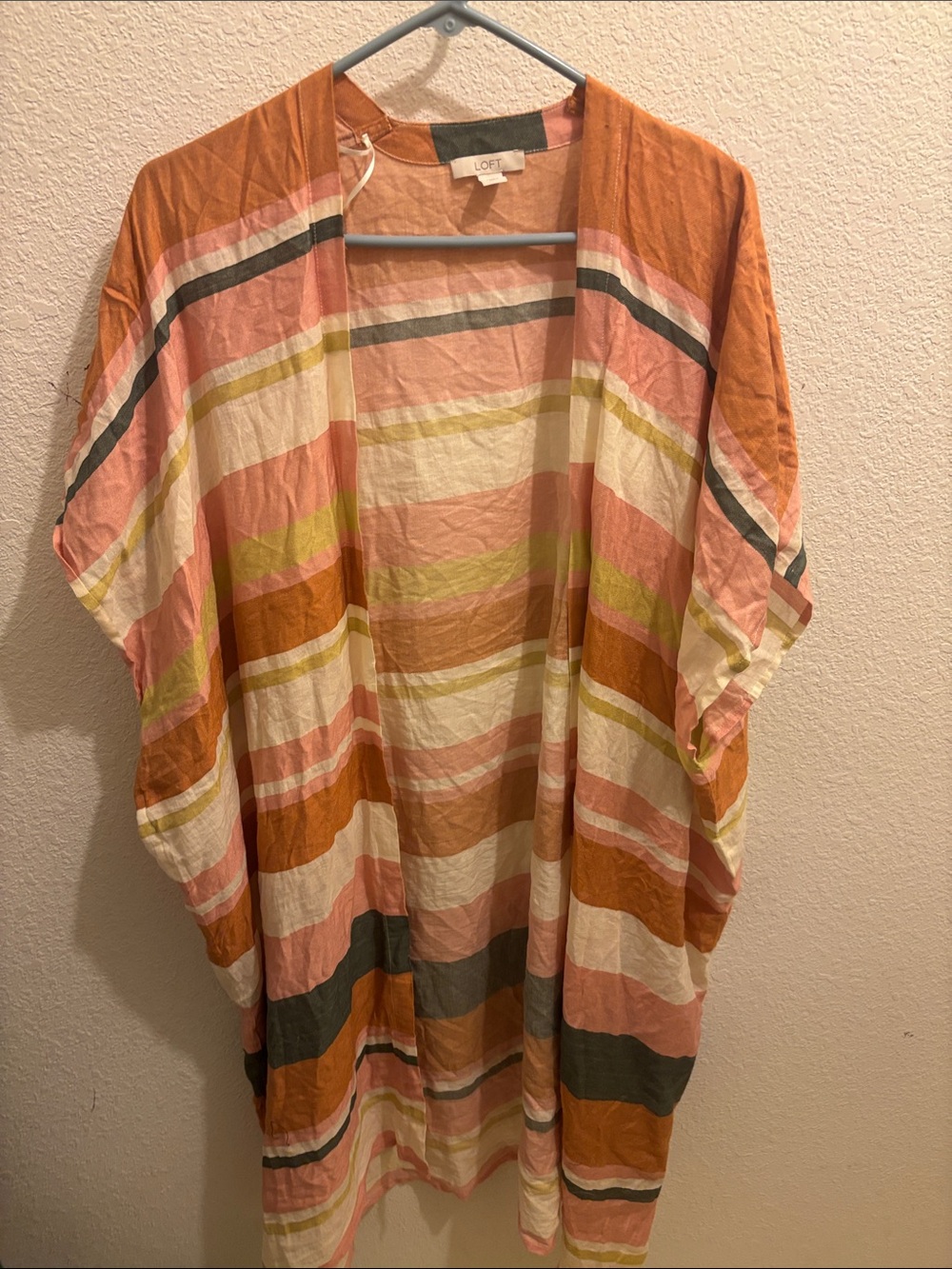 LOFT Striped Open-Front Tunic Kimono in Peach, Cream & Olive